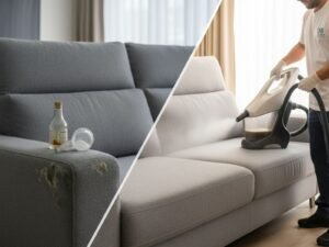 Antes e depois de mofo em sofá em Curitiba: comparação entre tratamento caseiro ineficaz (vinagre/bicarbonato) e higienização profissional D&S Clean com extratora
