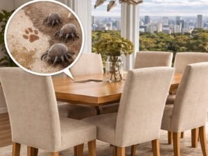 Cadeiras de mesa de jantar estofadas bege em sala iluminada, representando Limpeza de cadeiras estofadas em Curitiba com foco em higiene e conservação. Limpeza de cadeiras estofadas em Curitiba.