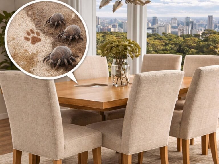 Cadeiras de mesa de jantar estofadas bege em sala iluminada, representando Limpeza de cadeiras estofadas em Curitiba com foco em higiene e conservação. Limpeza de cadeiras estofadas em Curitiba.