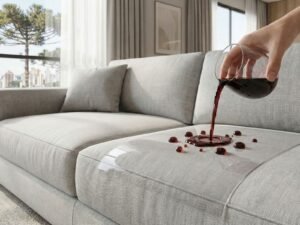 Demonstração realista de vinho tinto sendo derramado sobre um sofá de tecido cinza claro, formando gotículas superficiais devido à proteção nanotecnológica. Ao fundo, uma janela mostra uma araucária e a cidade, ilustrando o serviço de Impermeabilização de Sofá em Curitiba.