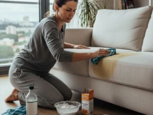 Dona de casa em Curitiba tentando limpar mancha amarelada no sofá com vinagre e bicarbonato, ilustrando o risco de danos ao tecido por métodos caseiros e a necessidade de higienização profissional. Limpar sofá com vinagre e bicarbonato estraga o tecido?